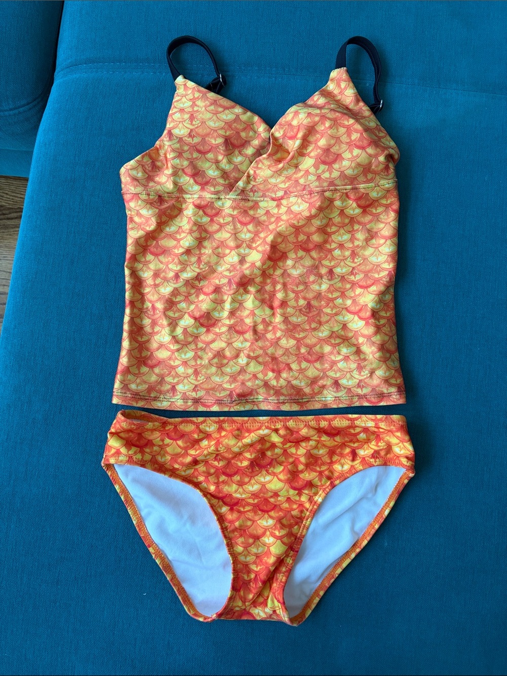 Girls Orange Yellow Mermaid-Scale Tankini Swim Set